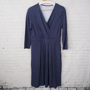 Talbots Polka Dot Midi Dress Size 10 Navy Blue White Stretch Knit Side Zip NEW